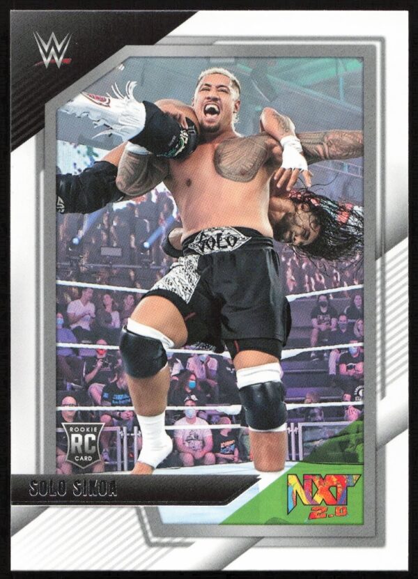 Solo Sikoa WWE trading card, mid-action pose, 2022 Panini NXT 2.0, electrifying design.