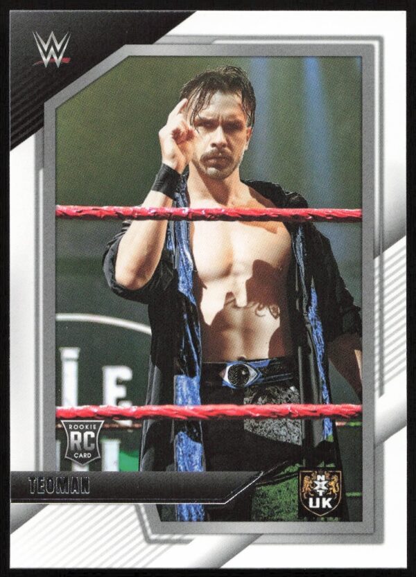 WWE 2022 Teoman NXT 2.0 trading card, featuring shirtless wrestler with championship belt.