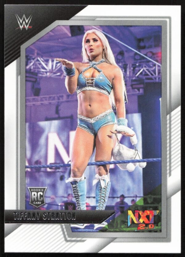 WWE NXT 2022 Rookie Card featuring Tiffany Stratton in light blue wrestling gear.