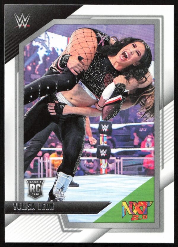 NXT 2.0 trading card of Yulisa Leon showcasing athletic wrestling maneuver in WWE ring.