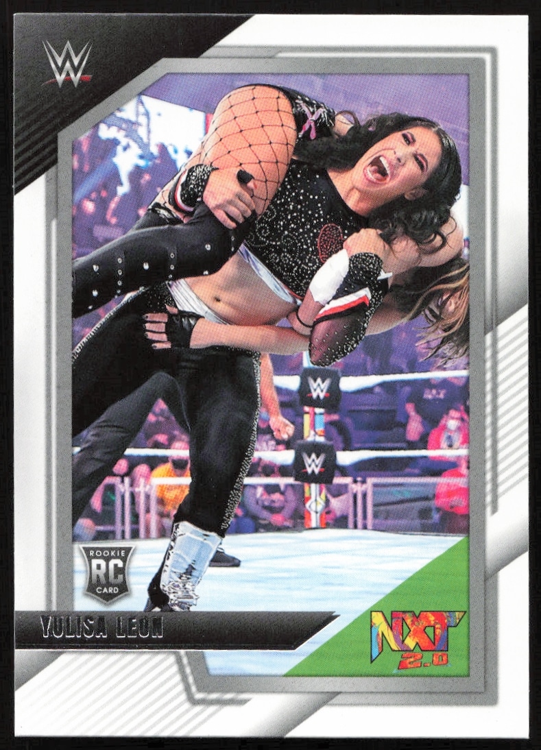NXT 2.0 trading card of Yulisa Leon showcasing athletic wrestling maneuver in WWE ring.