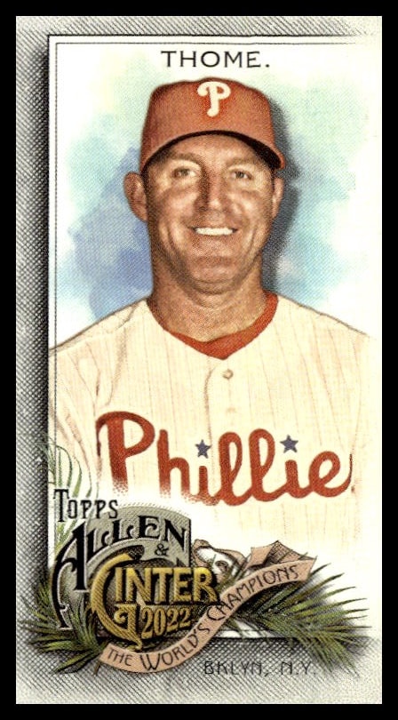 Vintage-style 2022 Phillies baseball card: Bryson Stott, artistic illustration, Topps Allen & Ginter.