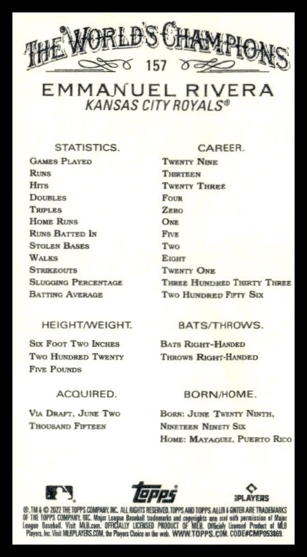 2022 Topps Allen & Ginter Emmanuel Rivera card features stats, MLB, and Topps logos.