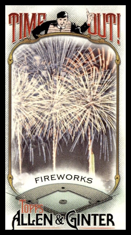 Vintage-style Allen & Ginter card featuring stunning fireworks illustration with ornate decorative elements.