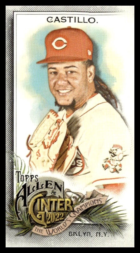 Watercolor-style vintage baseball card of Luis Castillo, Cincinnati Reds pitcher, Allen & Ginter series.