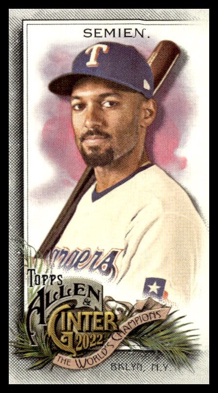Vintage 2022 Marcus Semien Allen & Ginter baseball card, Texas Rangers, artistic design.