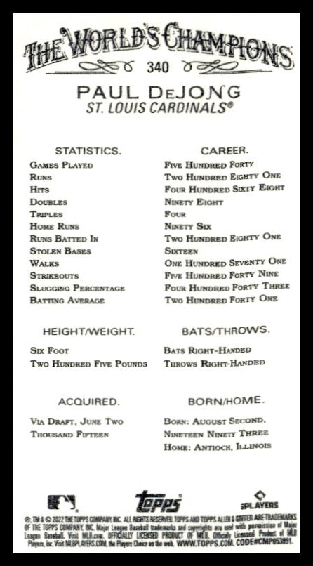 2022 Topps Allen & Ginter Paul DeJong baseball card showcasing player stats and team details.