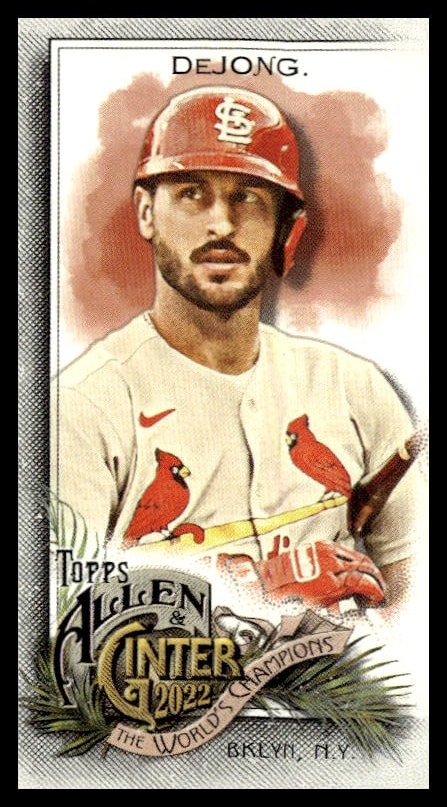 Paul DeJong vintage-style baseball card, 2022 Topps Allen & Ginter, Cardinals uniform, artistic portrait.