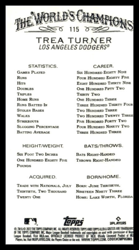 Back of 2022 Topps Allen & Ginter Trea Turner Dodgers mini card.