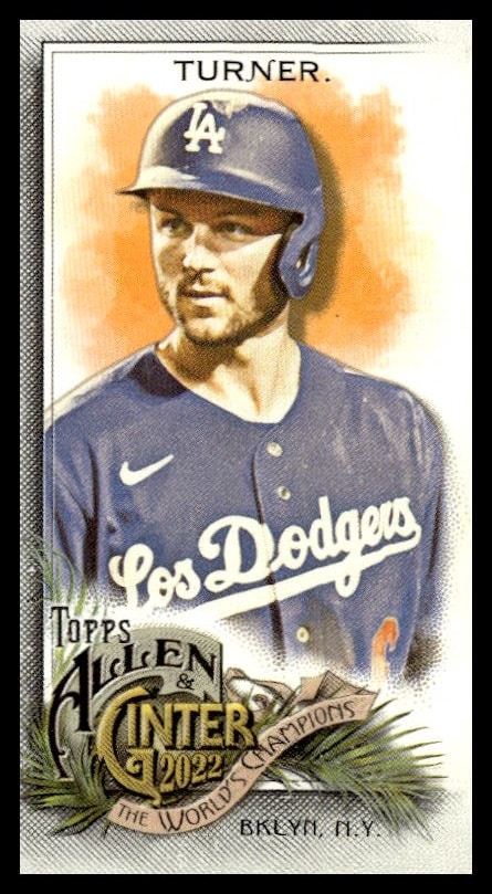 Trea Turner Dodgers vintage-style card, 2022 Topps Allen & Ginter, nostalgic artistic design.