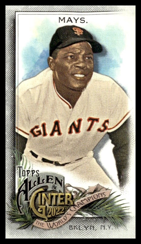 2022 Topps Allen & Ginter Willie Mays Giants baseball card, vintage-style illustration.