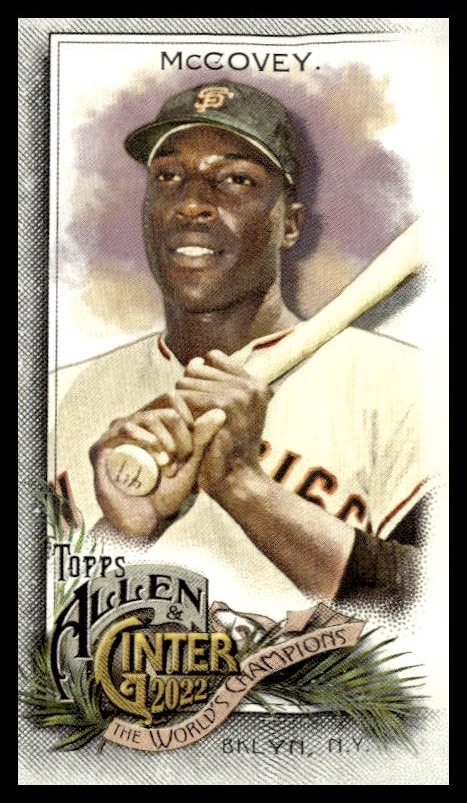 Willie McCovey vintage-style Topps card, Giants uniform, artistic baseball memorabilia.