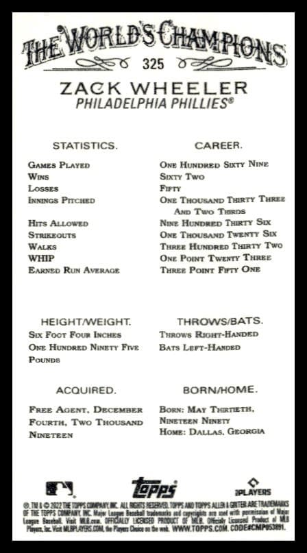 Vintage Topps card of Phillies pitcher Zack Wheeler, featuring career stats and achievements.