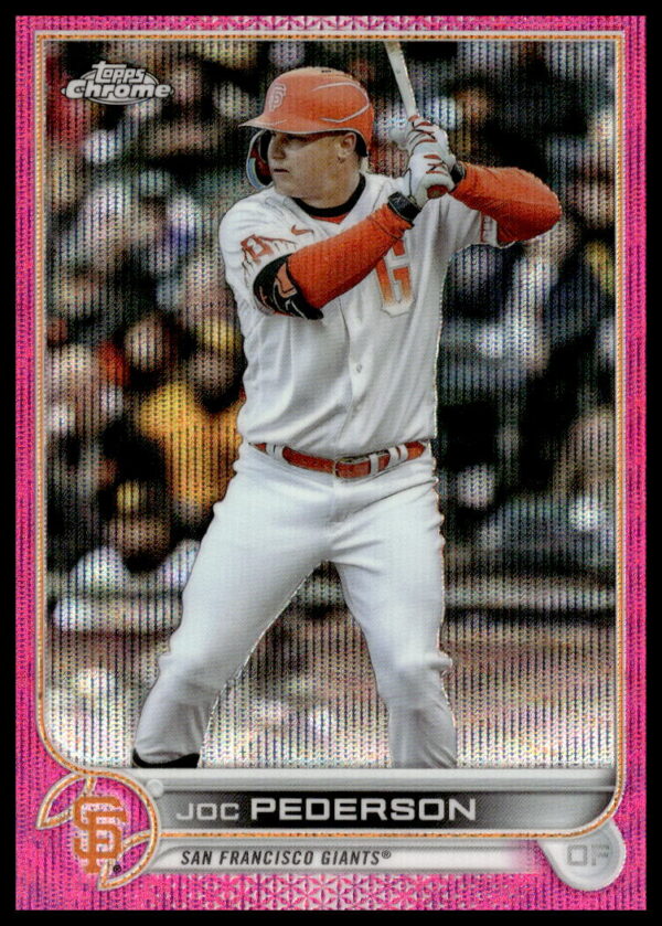 Joc Pederson 2022 Topps Chrome Pink Wave Refractor Card #USC5, vibrant pink design.