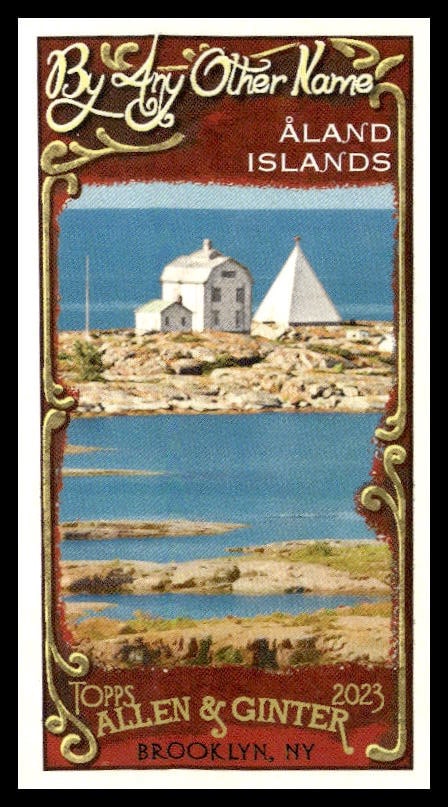 Vintage Allen & Ginter card of Åland Islands with lighthouse and sailboat on rocky coastline.