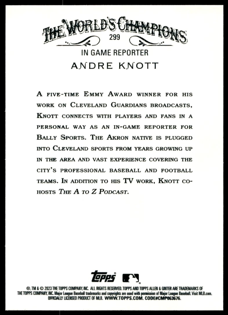 Back of 2023 Andre Knott Silver Portrait trading card #299, featuring detailed player info.