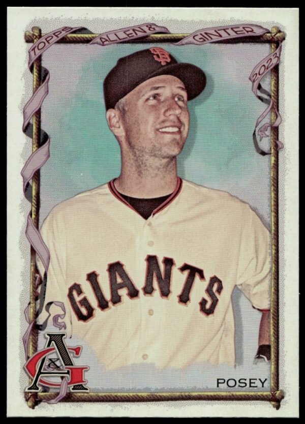 Silver portrait card of Buster Posey from 2023 Topps Allen & Ginter series.