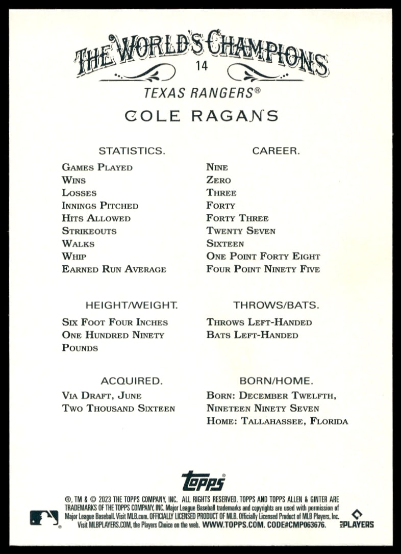 Back of Cole Ragans 2023 Topps Allen & Ginter Silver Portrait card showcasing stats.
