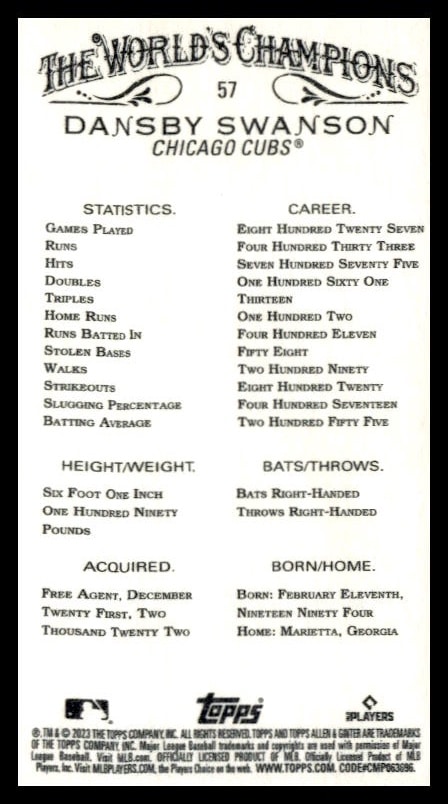 Back of Dansby Swanson 2023 Topps Allen & Ginter Mini Card #57, featuring stats and biography.