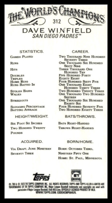 Baseball card back showing Dave Winfields career stats with Topps branding.