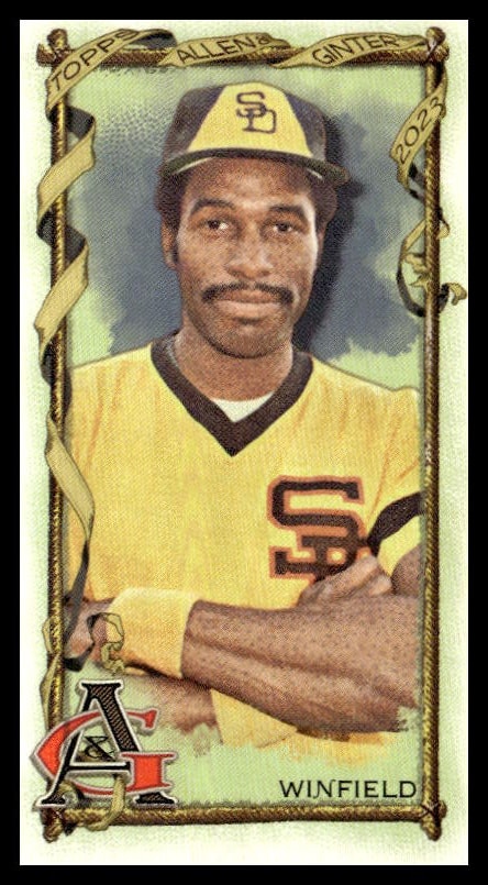 Vintage 1970s-style Dave Winfield Padres card with gold border, yellow jersey, and brown cap.
