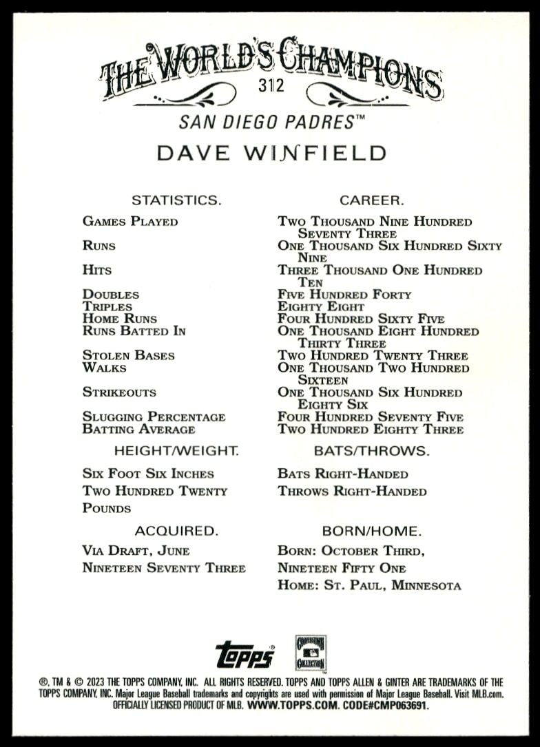 Back of 2023 Topps Allen & Ginter Dave Winfield card, highlighting career details, silver design.