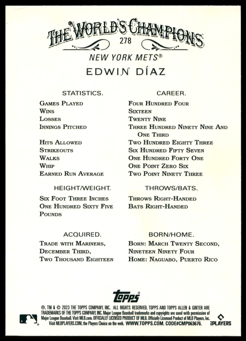 Back of 2023 Topps Edwin Diaz baseball card, featuring stats and biography.