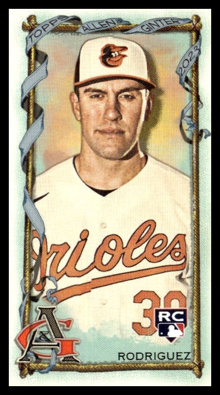 Baltimore Orioles rookie Grayson Rodriguez baseball card with vintage design featuring #35 uniform.