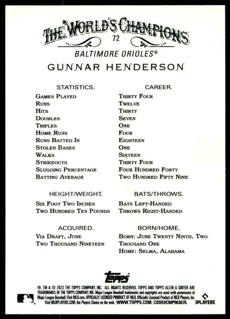 Gunnar Henderson 2023 Silver Portrait Trading Card #72 featuring stats and highlights.