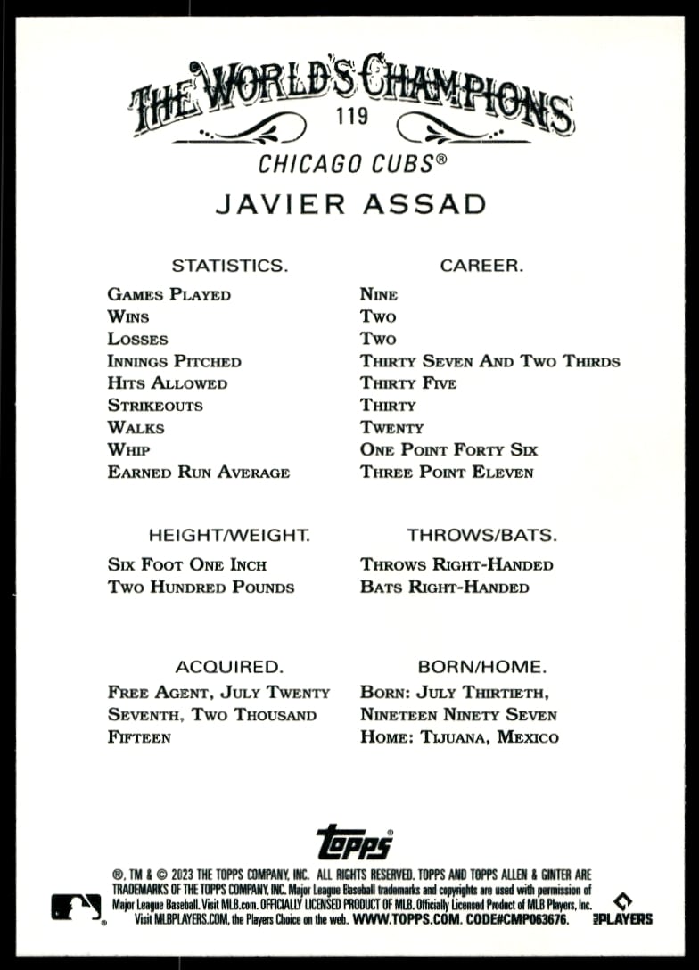 Back view of 2023 Topps Allen & Ginter card featuring Javier Assad with stats and team info.