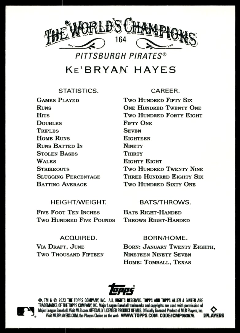 KeBryan Hayes 2023 Topps Allen & Ginter Silver Portrait card back, featuring achievements.