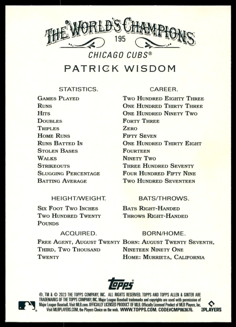 Back view of Patrick Wisdoms 2023 Topps Allen & Ginter Silver Portrait Card #195.