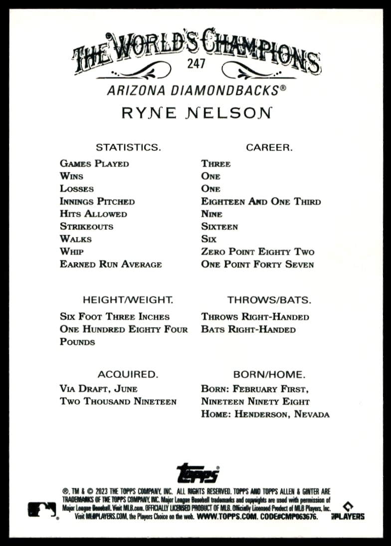 Back of 2023 Topps Ryne Nelson Silver Portrait card #247 with bio and stats.