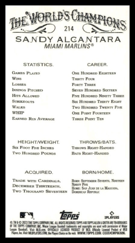 Back of 2023 Topps Mini Sandy Alcantara card, featuring stats and bio of Marlins pitcher.
