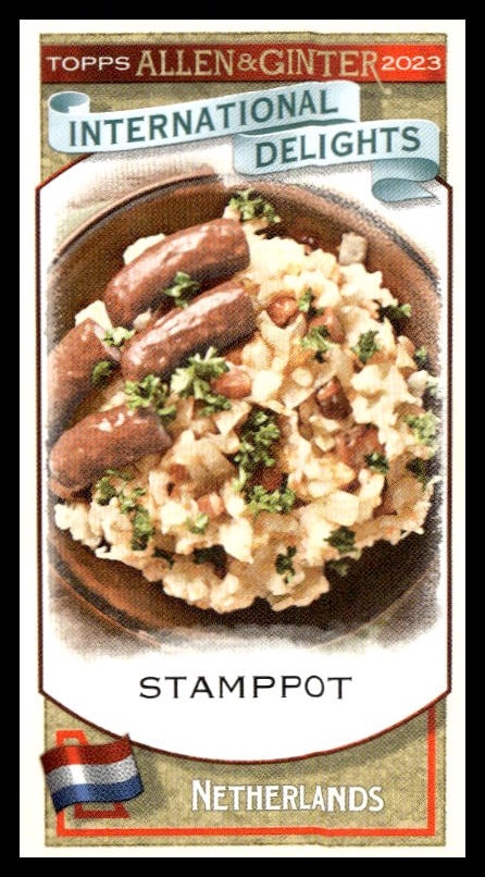 Stamppot Dutch dish with sausages on vintage-style trading card from the International Delights series.