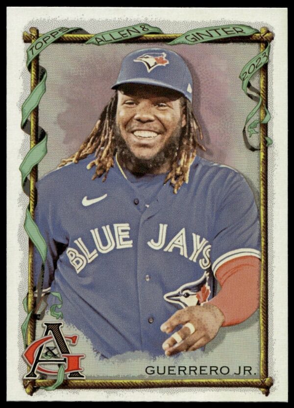Vladimir Guerrero Jr. 2023 silver portrait baseball card front view, #400 Topps Allen & Ginter.
