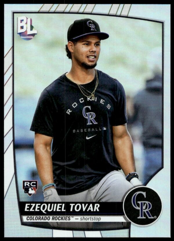 Ezequiel Tovar 2023 Topps Big League baseball card #204, action shot front view.