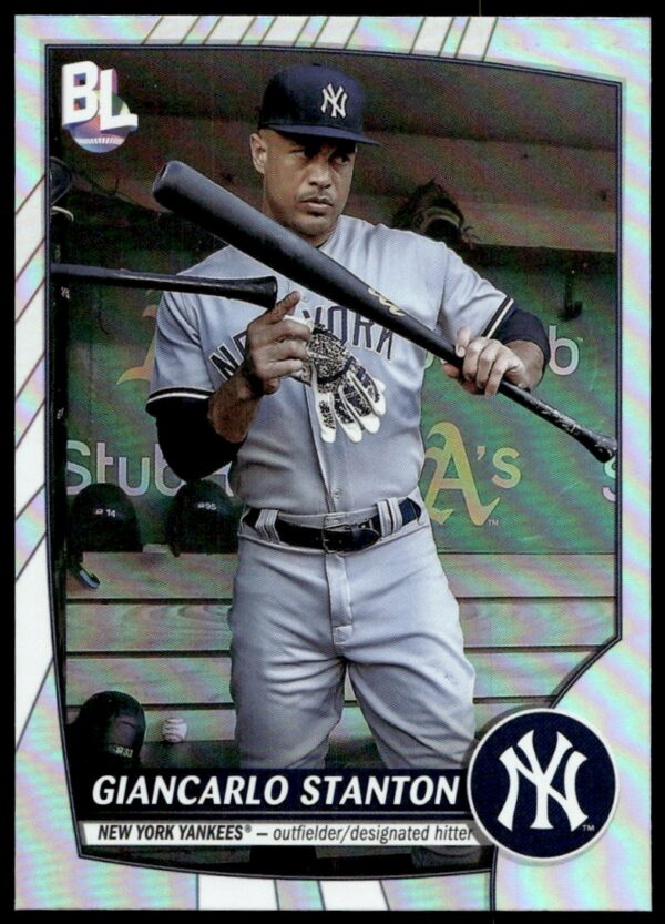 Front of 2023 Topps Giancarlo Stanton Rainbow Foil Card #246, vibrant MLB action pose.