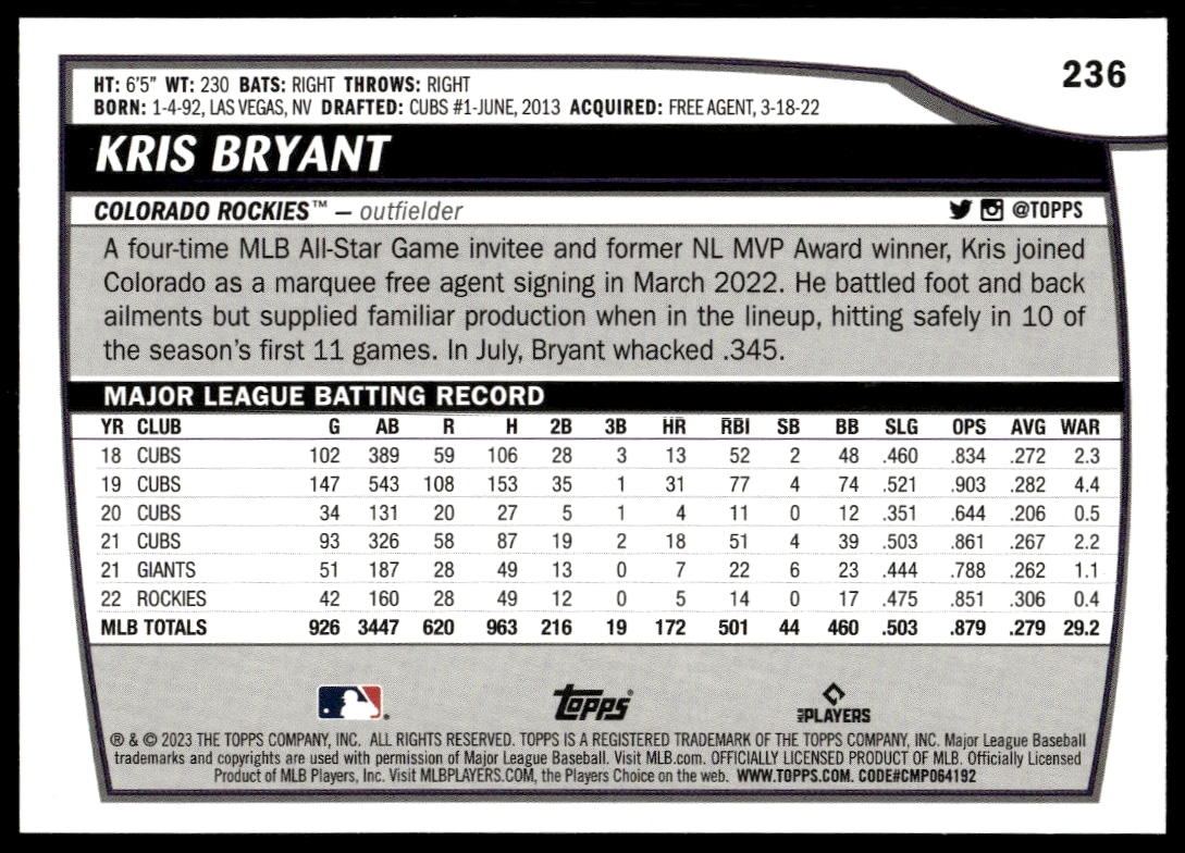 Back of 2023 Kris Bryant Topps Big League card #236 with career stats and biography.