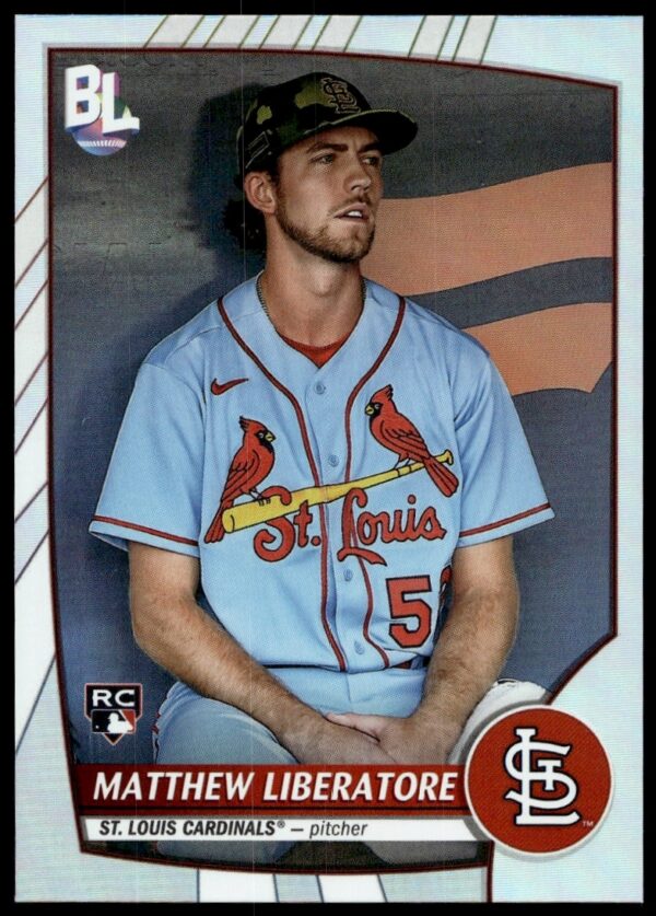 Matthew Liberatore pitching on 2023 Topps Big League card #209, vibrant action shot.