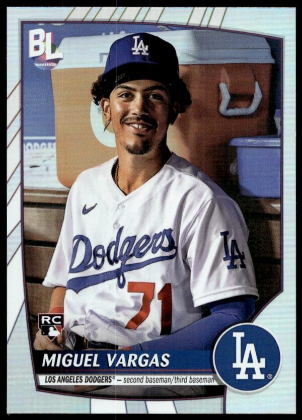 Miguel Vargas 2023 Topps Big League Card Front #202, action pose in team uniform.