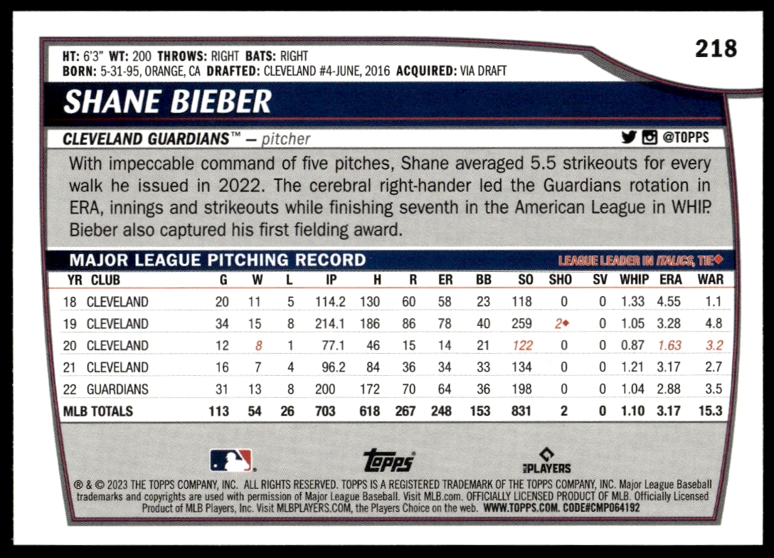Shane Bieber 2023 Topps Card Back: Stats, Biography, Highlights of Guardians Pitcher.