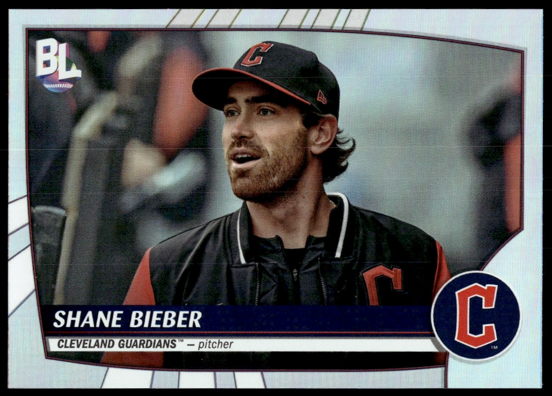 2023 Topps Big League Shane Bieber #218 features him pitching for Cleveland Guardians.