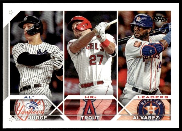 Baseball card showcasing 2023 AL home run leaders: Judge, Trout, Alvarez.
