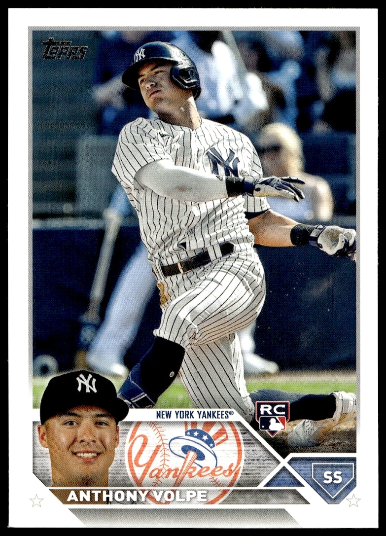 2023 Topps Series 1 Anthony Volpe card #112 showcasing dynamic in-game action.