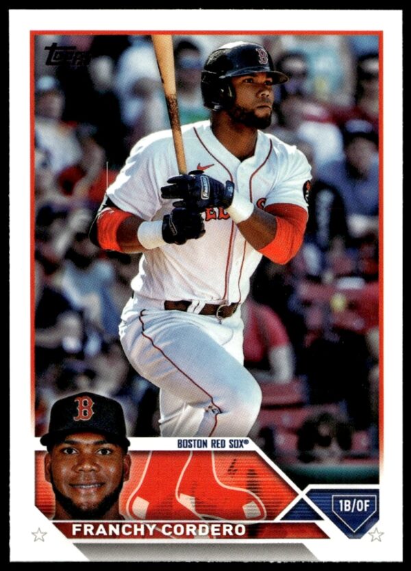 Franchy Cordero 2023 Topps Series 1 baseball card front with vibrant colors and team uniform.