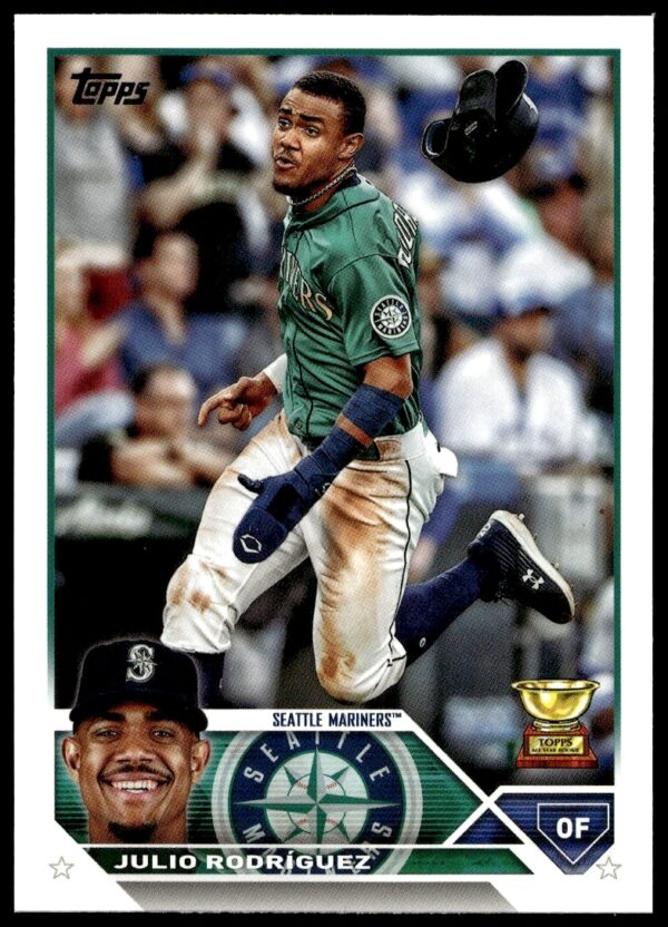 Julio Rodriguez 2023 Topps Baseball Card #330 Front - Dynamic Action Shot.