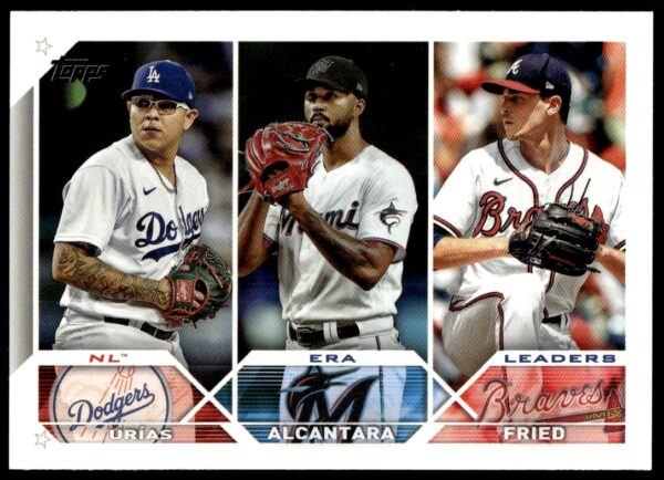 2023 Topps NL Pitching Leaders Card featuring Urias, Alcantara, and Fried.