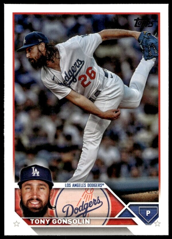 Front of 2023 Topps Series 1 Tony Gonsolin #202 baseball card, Dodgers pitcher mid-action.