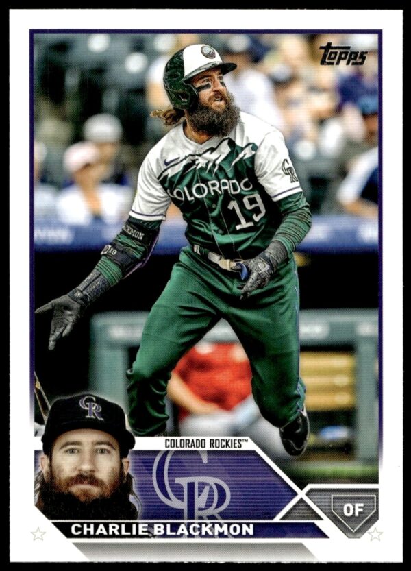 Charlie Blackmon 2023 Topps Card #523, Colorado Rockies, baseball collectible.